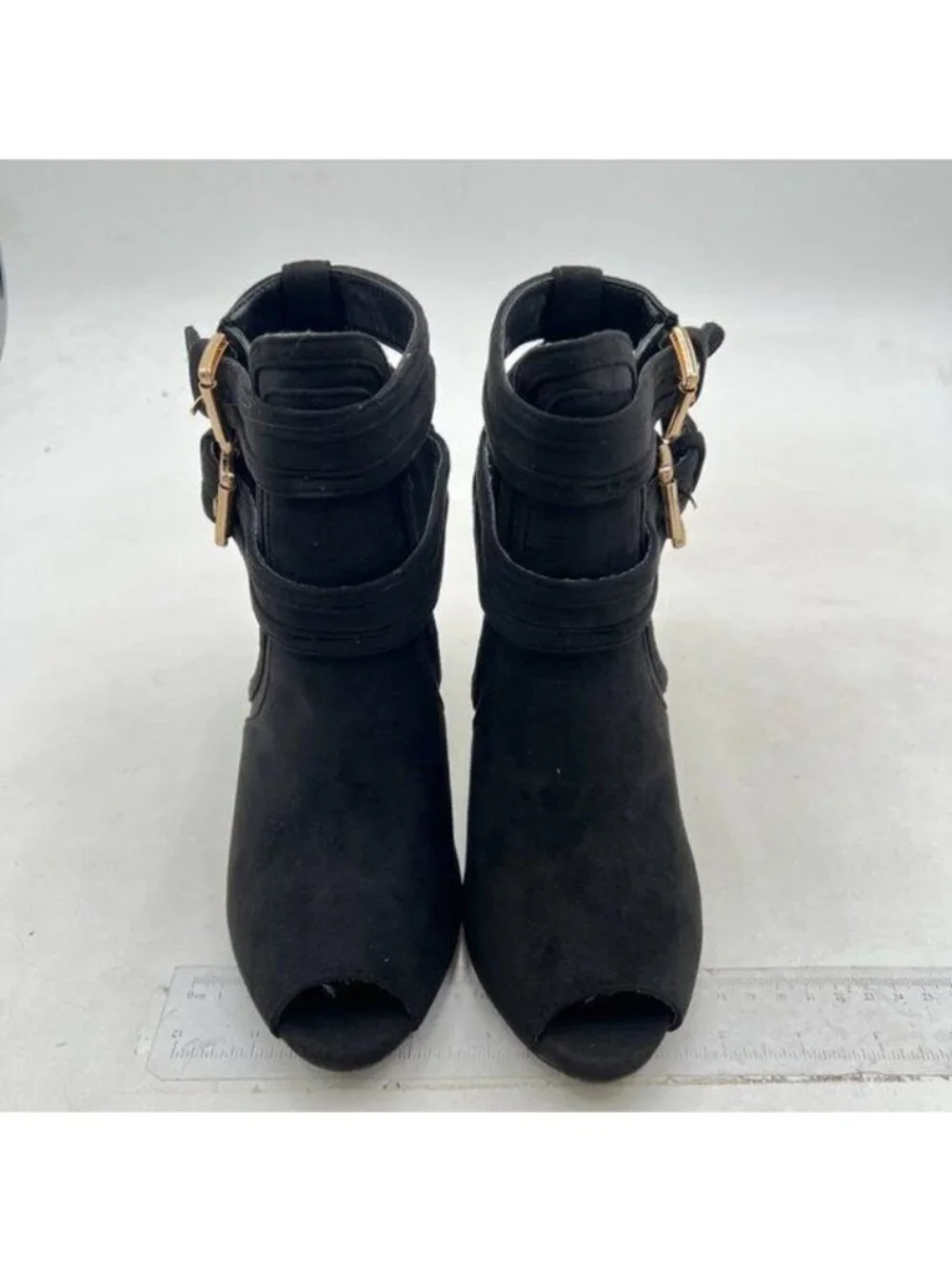 XYD Women Peep Toe Ankle Bootie High Heels Buckled Double Straps Cutout Shoes